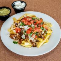 Asada Fries · A Customer Favorite! Crispy french fries smothered in cheese with Asada, onions, cilantro, t...
