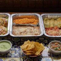 The Cure Pack · 12 Tacos Dorados de Picadillo
10 enchiladas (5 red 5 green)
Rice
Refried Beans 
Queso Dip
Pi...