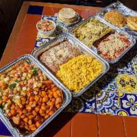 Wake UP Call Kit · Chilaquiles Tray (green and red) Chorizo & Mexican Potatoes Tray Scramble eggs & Refried Bea...