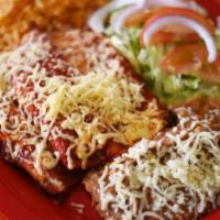 Red Enchiladas · 4 red  cheese enchiladas with rice, beans and salad.
