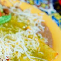 Green Enchiladas · 4 green cheese enchiladas with rice, beans and salad.
