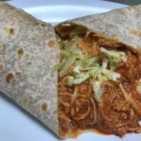 Red mole Chicken Burrito · Shredded chicken and onions cooked on a red mole sauce, lettuce.