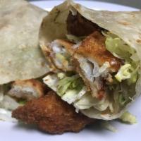 Fish Burrito · Fried fish, lettuce, home made dressing.