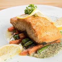 SALMON  · Grilled 10 oz Atlantic salmon topped with a caper cream sauce and a combination of finely sl...