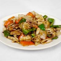 Calamari with Black Bean Sauce · 豆豉鮮魷 — Calamari sauteed with peppers and onions, in a rich black bean sauce.