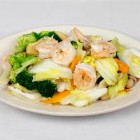 Shrimp with Mixed Vegetables (steamed) · 時菜蝦球 — Steamed, not fried. Available with choice of sauce, on the side ($1.25) - black bean,...
