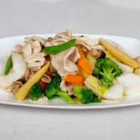 Chicken with Mixed Vegetables (steamed) · 時菜雞片 — Steamed, not fried. Available with choice of sauce, on the side ($1.25) - black bean,...