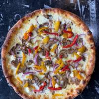 Loaded Philly White Pizza · Braised beef, onions, mushroom, peppers, cream cheese, and creamy horseradish.