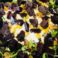 Yia Yia Salad · Arugula, Roasted Beets, Feta Cheese, Pistachios, Balsamic Dressing
