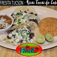 Tacos · Tortilla, choice of meat carnitas, pollo, cabeza, carne asada, deshebrada, and al pastor.