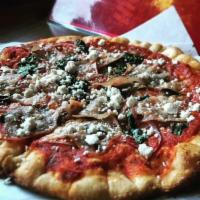 Greek Pizza · Lamb, Kalamata olives, onions, pepperoncinis & feta.