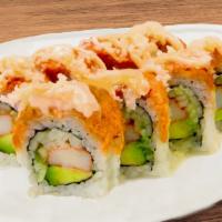 Volcano Roll · Spicy seafood and veggie roll.