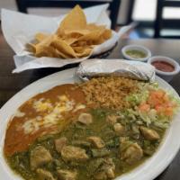 Green Chili Pork · Pork in Mexican green salsa with nopales, served with rice, beans, and choice of tortilla (f...