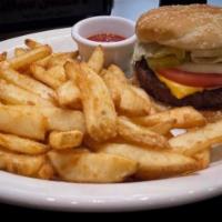 Hamburger · Sirloin burger topped with lettuce, onion, tomato, pickles, and mayo, served with french fri...