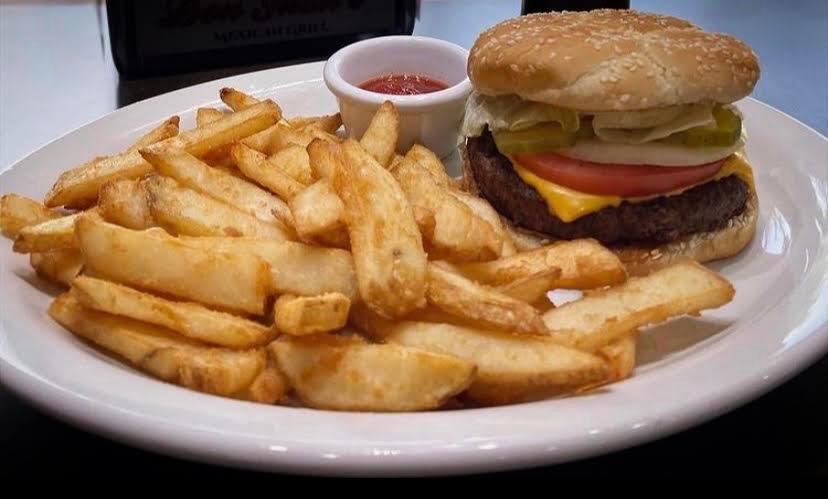 Hamburger · Sirloin burger topped with lettuce, onion, tomato, pickles, and mayo, served with french fries 