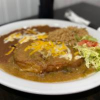 Chile Relleno · Roasted poblano pepper stuffed with cheese, topped with green sauce, served with rice, beans...