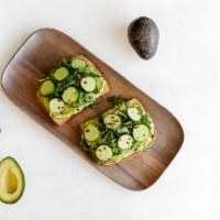 Avocado Toast · Multigrain bread with avocado, arugula, cucumber, pepper flakes. 2 slices.