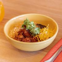 Burrito Bowl · Black or pinto beans, choice of seasonal veggies, meat or fish, Spanish rice, Jack and chedd...