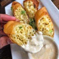 Mac + Cheese Spring Rolls · smoked gouda dipping sauce