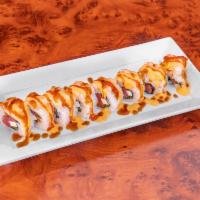 Bulldog Roll · Spicy tuna, fresh jalapenos, and cream cheese, topped with cooked shrimp, eel sauce, spicy m...