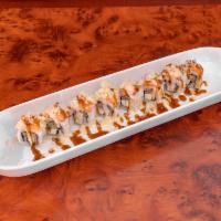 Georgia Peach Roll · Kanikama, avocado, cucumber, and cream cheese rolled and covered with tempura crunch then to...