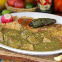3. Chile Verde · Lean diced pork in a green chile sauce. Made with peppers and spices.