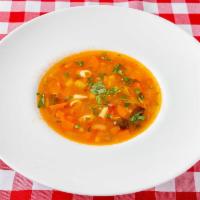 Pasta Fagioli · Italian beans and vegetables in tomato broth with pasta.