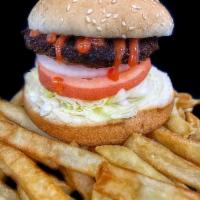 Hamburger with Fries · A grilled halal beef patty seasoned with lettuce, tomato, sliced onions, ketchup, and mayonn...