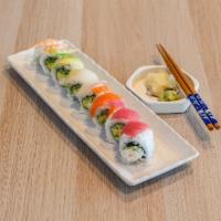 Rainbow Roll · California roll topped with salmon, tuna, snapper, avocado, and shrimp.