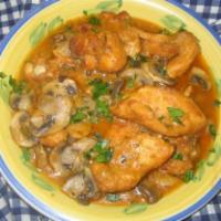 Chicken Marsala · Prepared with tender strip of chicken breast sauteed with mushrooms and marsala wine.