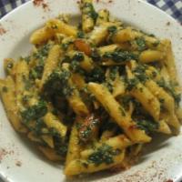Spinach Pasta  · sauteed spinach in garlic oil sauce tossed w. penne pasta and parmesan cheese