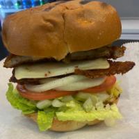 Spicy Chicken Sandwich  · Fried Chicken, Chipotle and Lime Aioli, Pepper Jack Cheese, Tomato, Pickle, Jalapeno, Onion ...