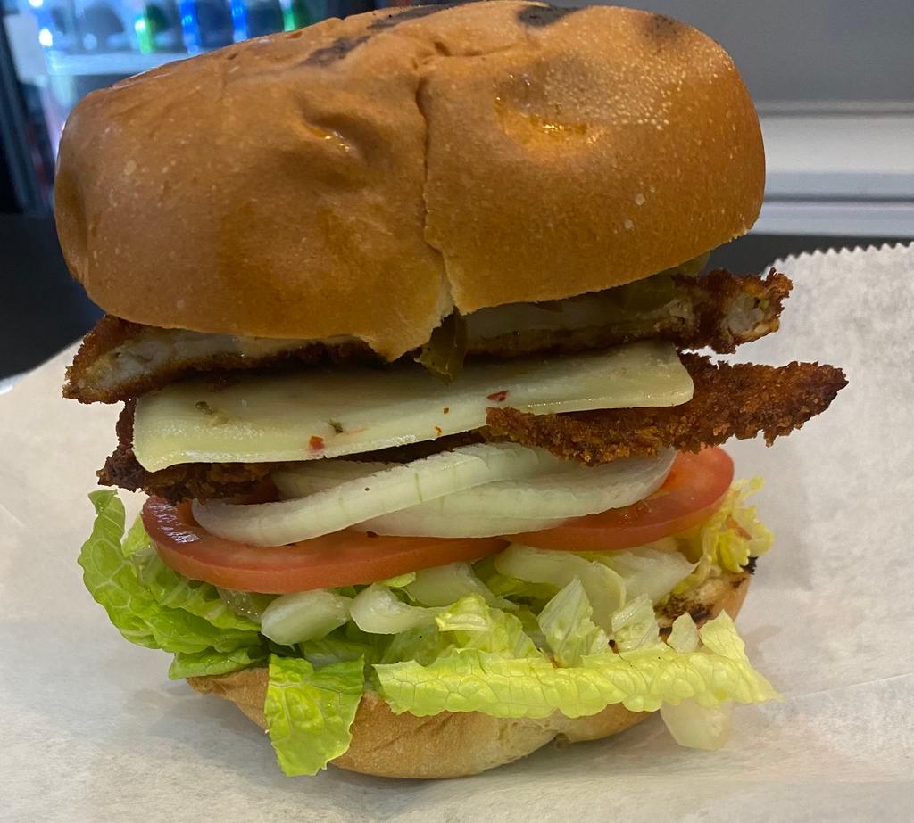 Spicy Chicken Sandwich  · Fried Chicken, Chipotle and Lime Aioli, Pepper Jack Cheese, Tomato, Pickle, Jalapeno, Onion and Lettuce