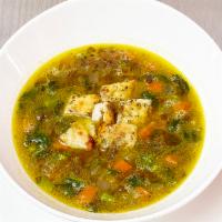 Zuppa di lenticchie · Castelluccio Lentils and Broccoli Rabe Soup, Croutons.