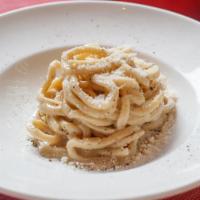 Maccaronara Cacio e Pepe · Maccaronara Pasta (Eggless Long Thick Spaghetti Made in House) With Parmigiano and Pecorino ...