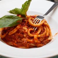 Maccaronara alla Bolognese · Maccaronara Pasta (Eggless Long Thick Spaghetti Made in House) With Classic Beef Ragu'.