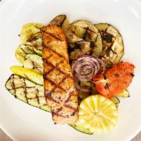 Salmone alla Griglia · Grilled Scottish Salmon with Grilled Seasonal Vegetables.