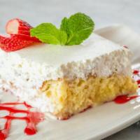 Tres Leches · Light sponge cake soaked in a sweet three milk mixture then topped with a whipped meringue a...