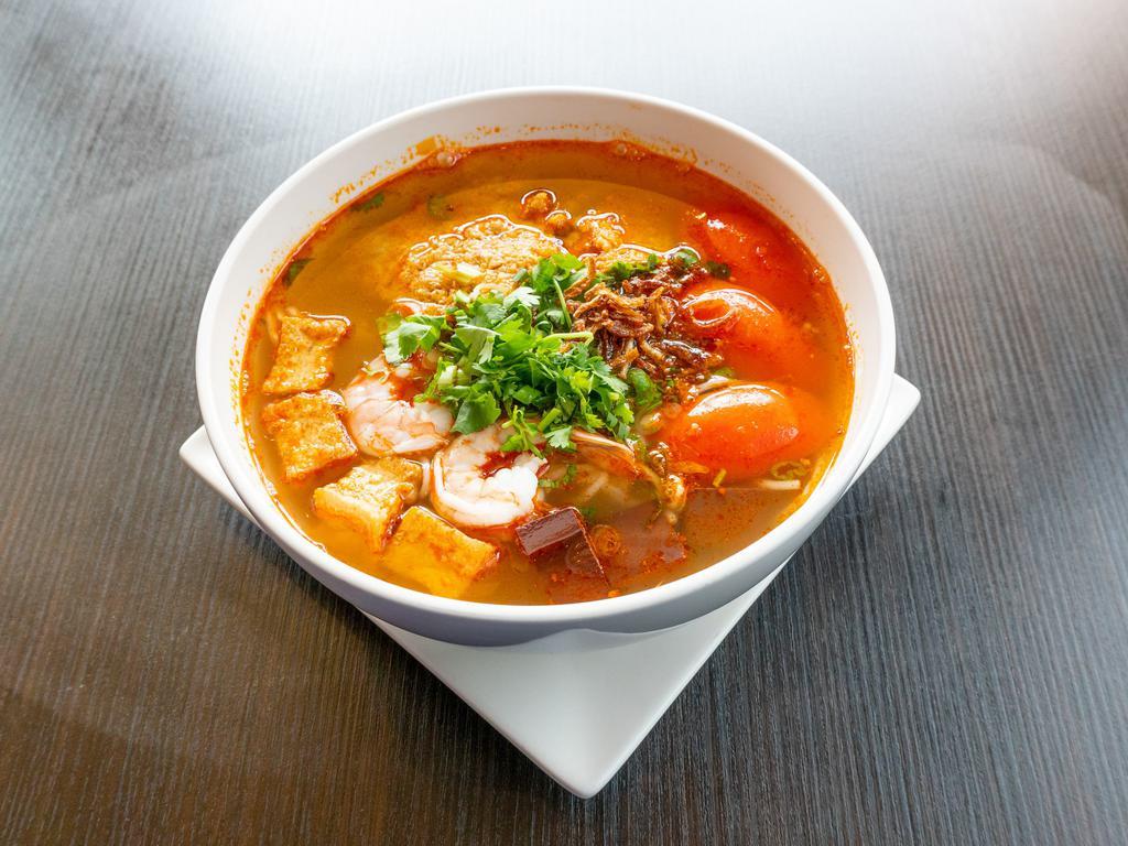 Bun Rieu  · Rice noodle, shrimp, pork blood, tomatoes and tofu. Garnish with green onion, cilantro and fried onion. Serve with bean sprouts and mint.