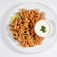 CALAMARI · Flash fried calamari rings, serve with roasted garlic Aoilo sauce.