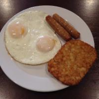 Buenos Dias · Dos huevos a su gusto con 1 acompanante y papas. Two eggs any style with 1 side order and po...