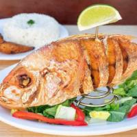 Pargo Entero Frito · Whole red snapper, white rice and salad.