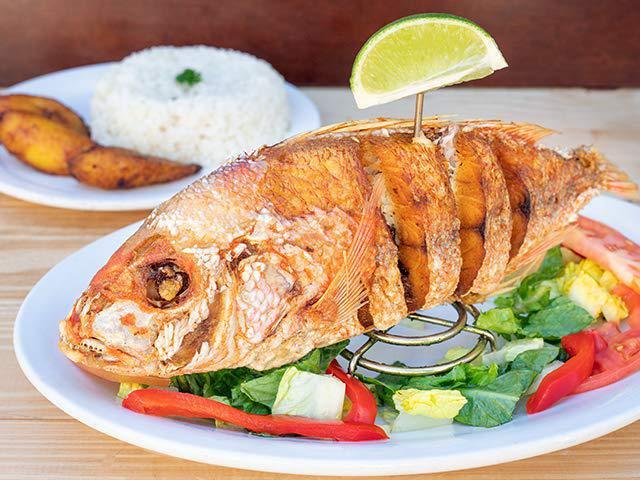 Pargo Entero Frito · Whole Red Snapper, white rice and salad