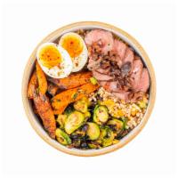 Steak & Eggs. And Brussels · Spiced farro with butternut squash, roasted brussels sprouts, sheet tray carrots, jammy egg ...