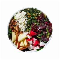 Beets & Goat Cheese Salad · Farm greens, kale & quinoa with preserved orange, golden beets, radish, apple, served with c...