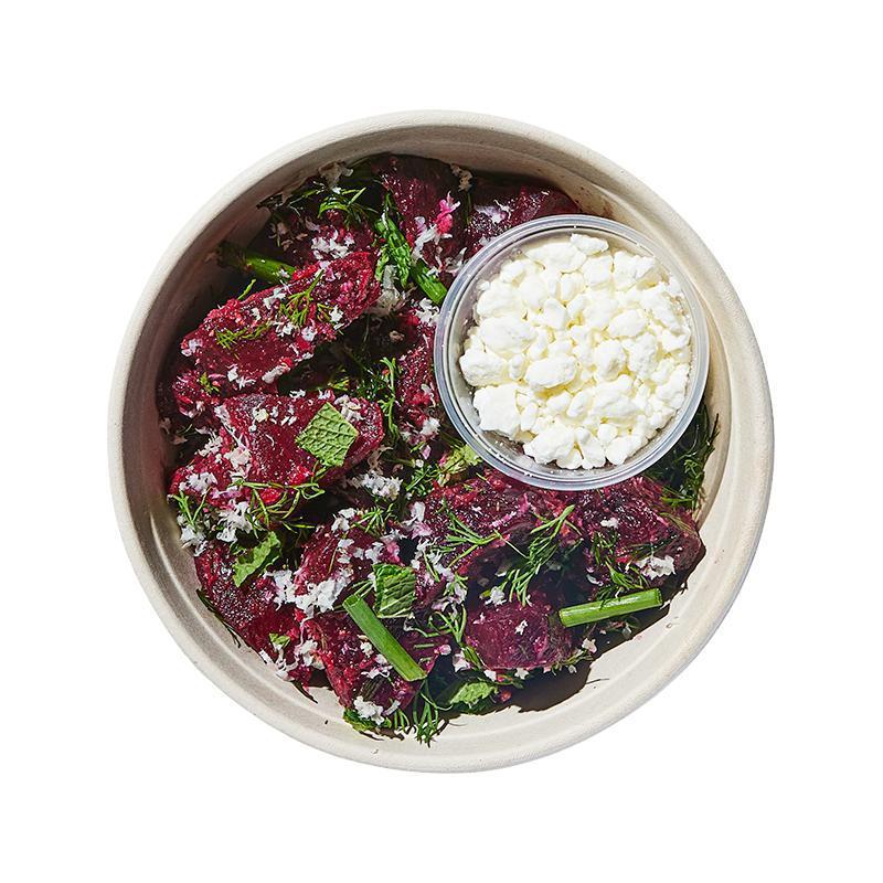 Horseradish Beets with Yogurt Dill Dressing · Roasted red beets, rosemary vinaigrette, horseradish, dill, chives, mint, and black pepper, with yogurt dill dressing on the side.  Contains milk.