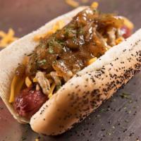 Mayor Daly Dog · Topped with cheddar cheese, Dijon mustard and caramelized onions.