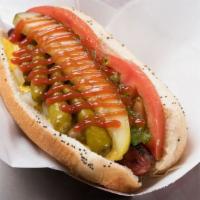 Blagojevich Hot Dog · Chicago style with ketchup, found guilty on one count.