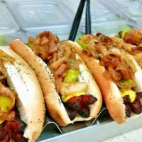 Maxwell Street Polish · A delicious Polish sausage topped with mustard, sport peppers and caramelized onions.