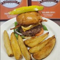 Alli's Burger · American cheese, applewood smoked bacon, lettuce, tomatoes, crispy frie.d onions, pickles, d...